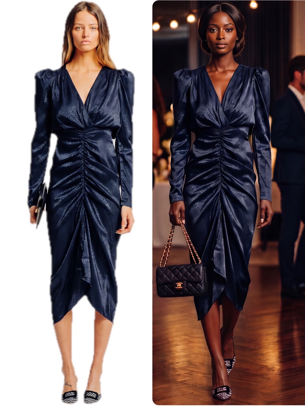 Torn by Ronny Kobo Astrid Navy Ruched V-Neck Long Sleeve Midi Dress NWT $269